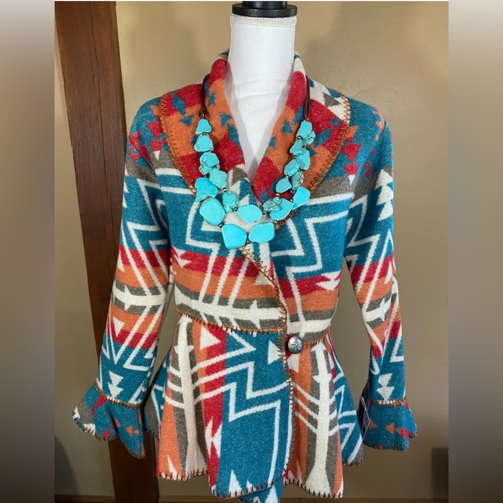 Rhonda Stark Women's TEAL ZUNI Flounce Southwestern Jacket NWOT!!! SIZE LARGE